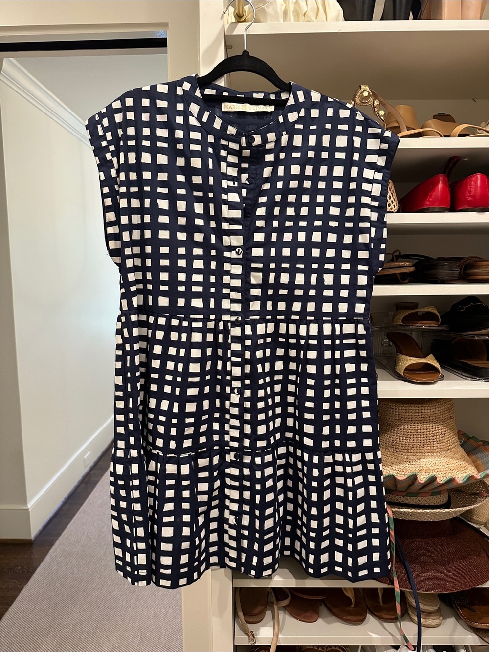 Marie Oliver Navy and White Checked Cap-Sleeve Women's Dress